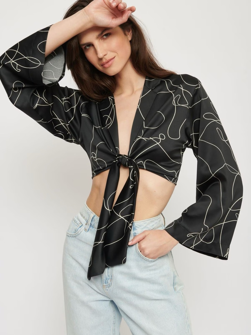 Dynamite Black Satin Tie-Front Crop Blouse with White Line Print